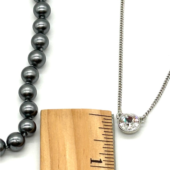 Givenchy Necklace ~Bundle of 2~ Gun Metal Gray Pearls Cubic Zirconia CZ on Chain - Picture 3 of 10